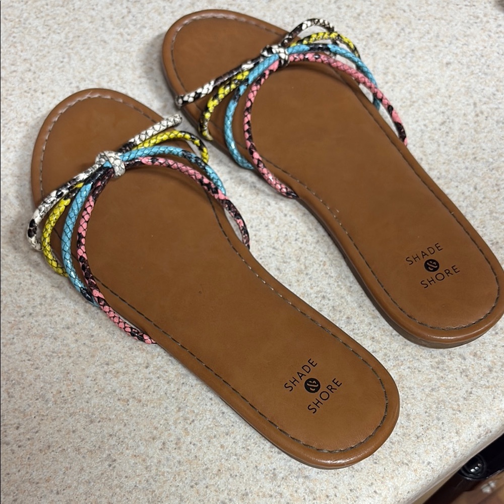Shade & Shore Brown and Blue Sandals with Beaded Straps - Picture 4 of 5